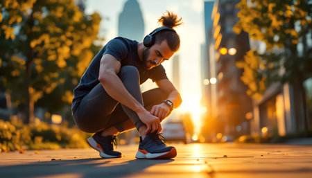 Young man in sportswear tying shoelaces before jogging in the city.の素材