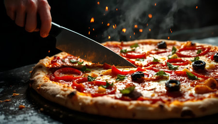 Pizza with tomato, pepper and olives on a black backgroundの素材