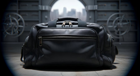 Black leather briefcase on the floor with a view of the cityの素材