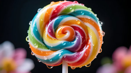 Colorful spiral lollipop candy with water drops on black backgroundの素材