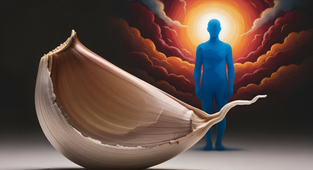 Man looking at the sun coming out of a seashell. 3D renderingの素材