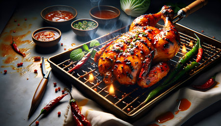Grilled chicken with spicy sauce and chilli pepper on the grillの素材