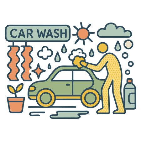Car wash vector line icon. Man washing car with sponge and spray.のイラスト素材
