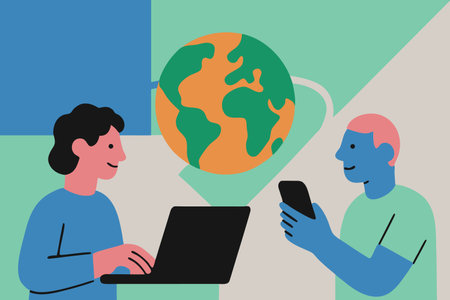 Two men with laptop and mobile phone. Vector illustration in flat styleのイラスト素材