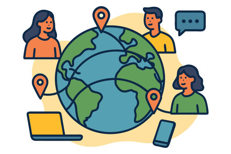 Vector illustration of global communication concept with people around globe. Flat line style design.のイラスト素材