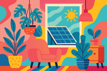 Vector illustration of a man working at home with solar panels in the backgroundのイラスト素材