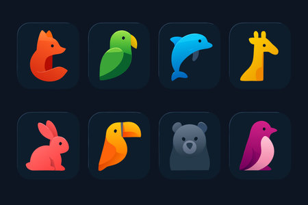 Set of animal icons. Vector illustration in flat design style on black background.のイラスト素材