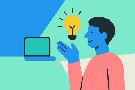 Man with a laptop and a light bulb in his hand. Flat vector illustration.のイラスト素材
