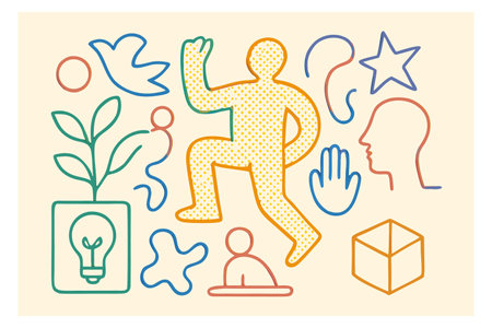 Vector illustration of man silhouette in yoga pose with line icons. Line art design.のイラスト素材