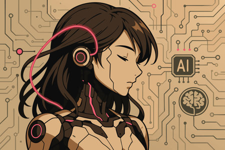 Cyborg girl with headphones on the circuit background. Vector illustration.