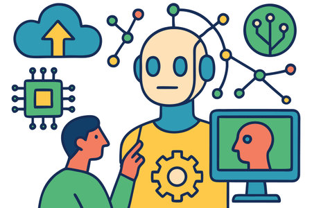 Vector illustration of artificial intelligence concept in flat line design style with people and robotsのイラスト素材