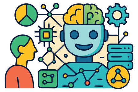 Vector illustration of artificial intelligence concept with robot and human characters. Modern flat line design.のイラスト素材