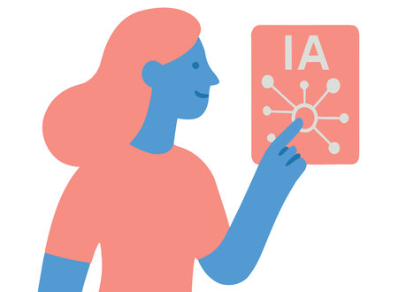 Woman holding an artificial intelligence icon. Vector illustration in flat style.のイラスト素材