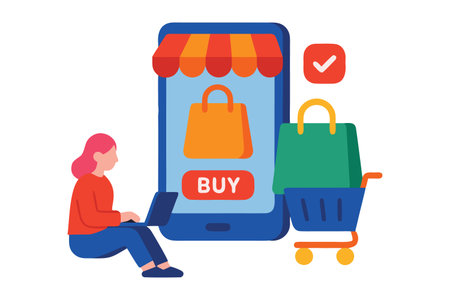 Online shopping concept. Woman with shopping cart and mobile phone. Vector illustrationのイラスト素材