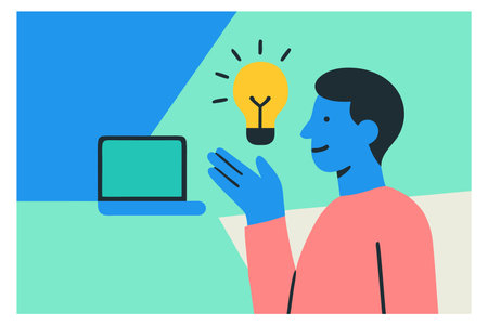 A man with a laptop and a light bulb. Flat vector illustration.