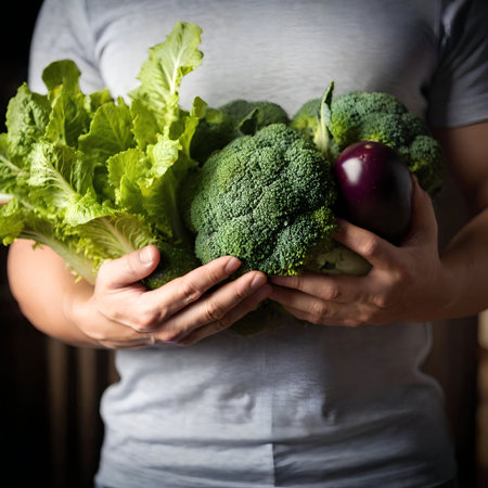 Closeup of man holding fresh vegetables in hands, healthy food conceptの素材