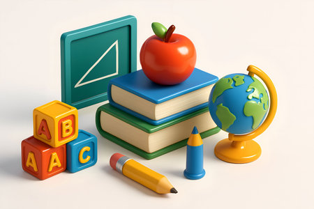 3d illustration of books, globe, ruler, pencil and appleの素材