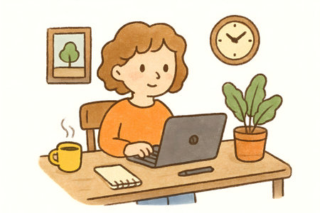 Illustration of a woman using a laptop at her home office.の素材