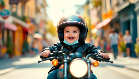 Adorable little boy riding a motorbike on a city street.の素材