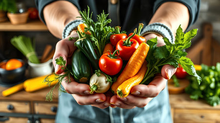 Woman holding fresh vegetables in kitchen, closeup. Vegetarian dietの素材