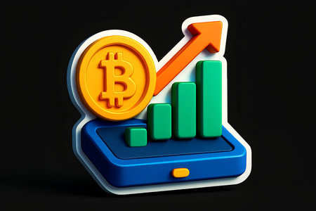 Bitcoin growth chart on mobile phone. 3d render illustration isolated on black backgroundの素材