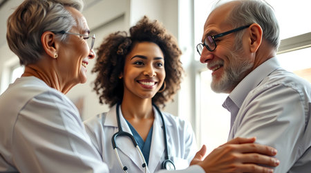 smiling doctor in eyeglasses talking with senior patient at hospitalの素材