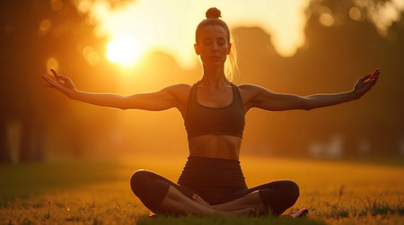 Young woman practicing yoga in the park at sunset. Healthy lifestyle concept.の素材