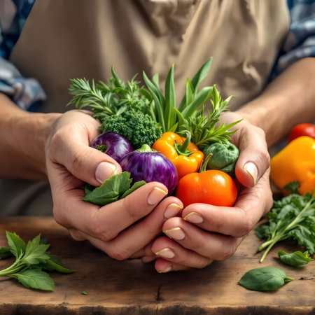 Hands of a woman holding a bowl of fresh vegetables and herbsの素材