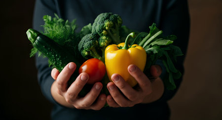 Fresh vegetables in the hands of a woman on a dark background.の素材