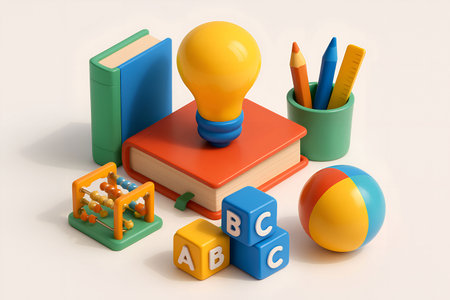 3d illustration of learning concept with school supplies and lightbulbの素材
