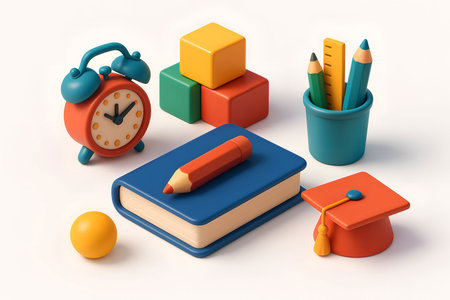 3d illustration of books, pencils and alarm clock on white backgroundの素材