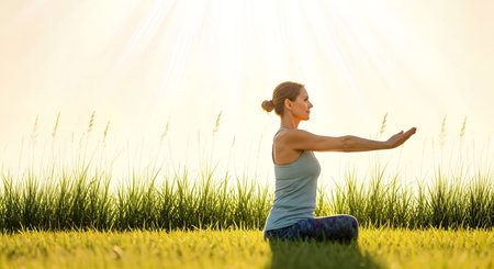 Young woman practicing yoga on a meadow at sunset. Healthy lifestyle concept.の素材