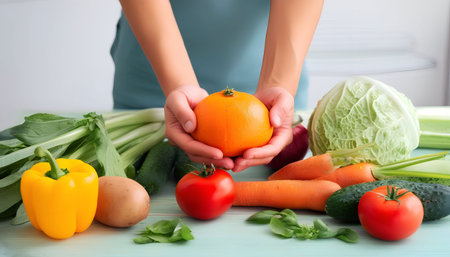 Closeup on woman hands holding orange with fresh vegetables in the backgroundの素材