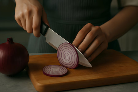 young woman in a gray apron cuts red onion on a wooden boardの素材
