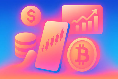 Vector illustration of mobile phone with bitcoin symbol on hologram background.の素材