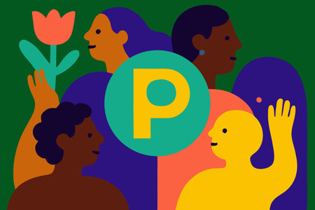 Illustration of a group of people with a P letter in the backgroundのイラスト素材