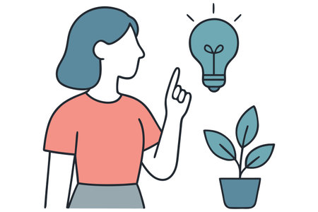 Vector illustration of a woman holding a light bulb and a plant.のイラスト素材