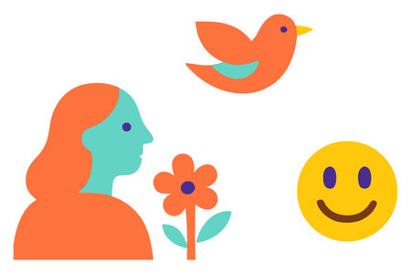 Flat vector illustration of a girl with a flower and a birdのイラスト素材