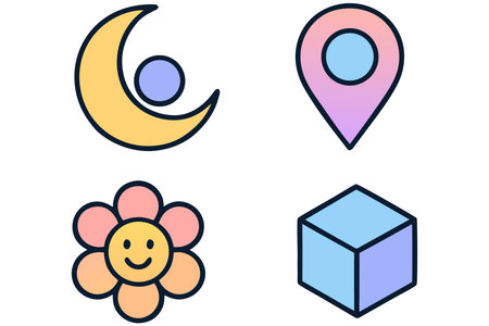 Flower, crescent, moon and cube vector icon set.のイラスト素材