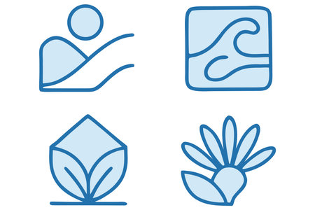Vector illustration of blue icons with leaves and plants in a linear styleのイラスト素材