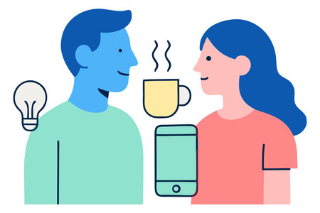 Man and woman with a cup of coffee and a smartphone. Vector illustrationのイラスト素材