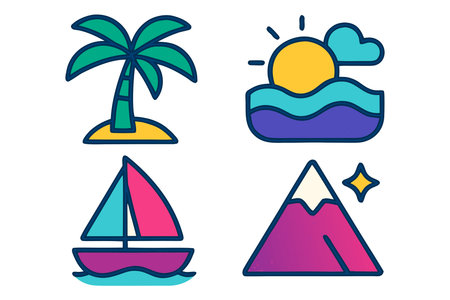 Set of beach icons. Vector illustration in blue and yellow colors.のイラスト素材
