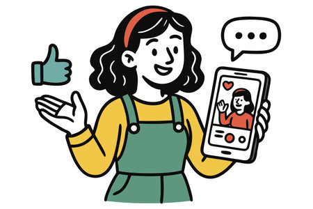 Vector illustration of a woman wearing apron holding a smartphone and showing thumbs upのイラスト素材