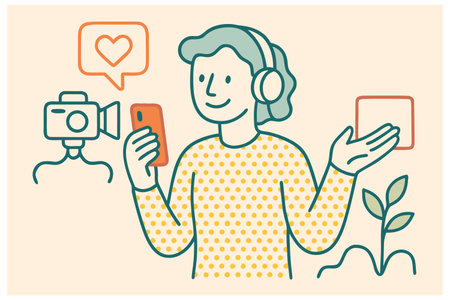 Illustration of a woman taking a selfie with her mobile phone set on isolated white background done in cartoon style.のイラスト素材