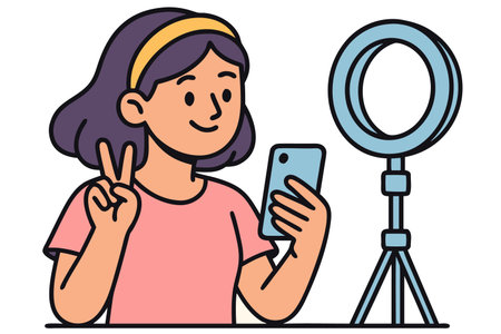 Vector illustration of a girl with a smartphone and a big mirror.のイラスト素材