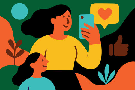 Vector illustration of a girl taking a selfie with her mother on a smartphone.のイラスト素材