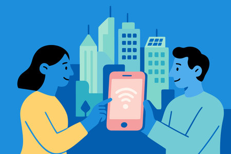 Vector illustration of a man and woman using a smartphone in the cityのイラスト素材