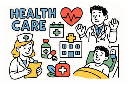 Health care concept. Doctor and patient. Vector illustration in line art style.のイラスト素材