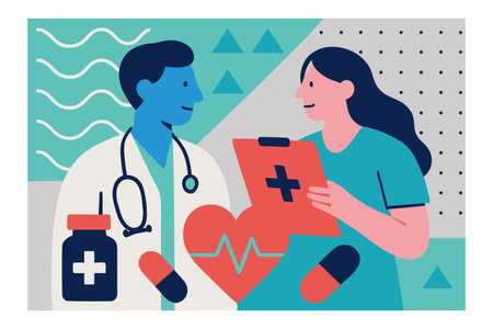 Doctor and patient. Vector illustration in flat style. Health care concept.のイラスト素材
