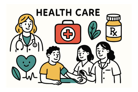 Health care concept. Doctor, nurse and patient. Vector illustration.のイラスト素材